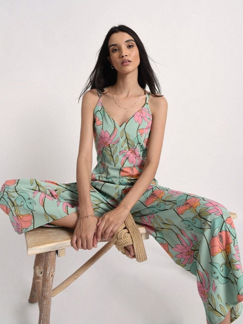 Molly Bracken Mint Floral Wide-Leg Jumpsuit with Pink Blooms Size Medium